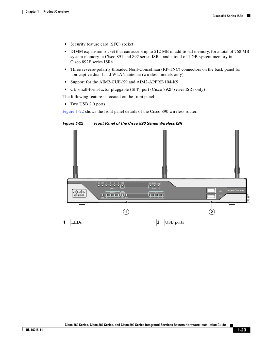 Cisco Systems C892FSPK9 manual LEDs USB ports, Front Panel of the Cisco 890 Series Wireless ISR 