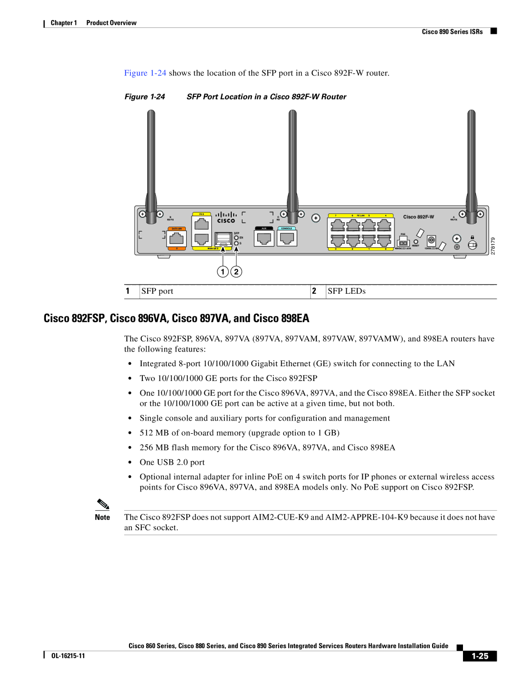 Cisco Systems C892FSPK9 manual Cisco 892FSP, Cisco 896VA, Cisco 897VA, and Cisco 898EA, SFP port SFP LEDs 