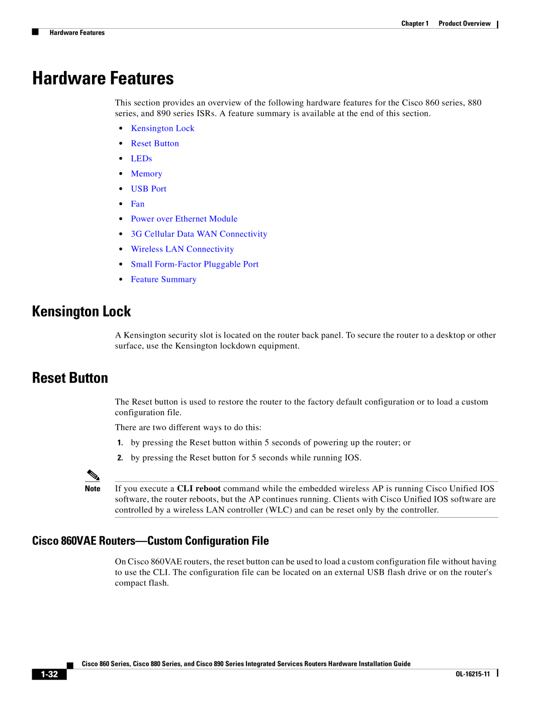 Cisco Systems C892FSPK9 manual Hardware Features, Kensington Lock, Reset Button 