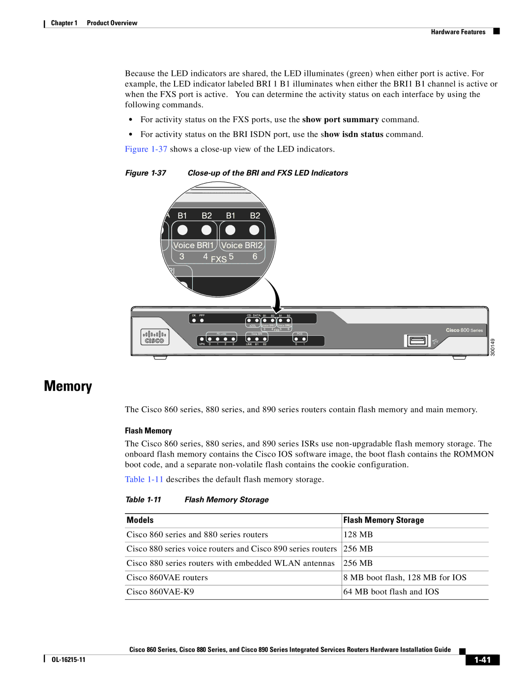 Cisco Systems C892FSPK9 manual Models Flash Memory Storage 