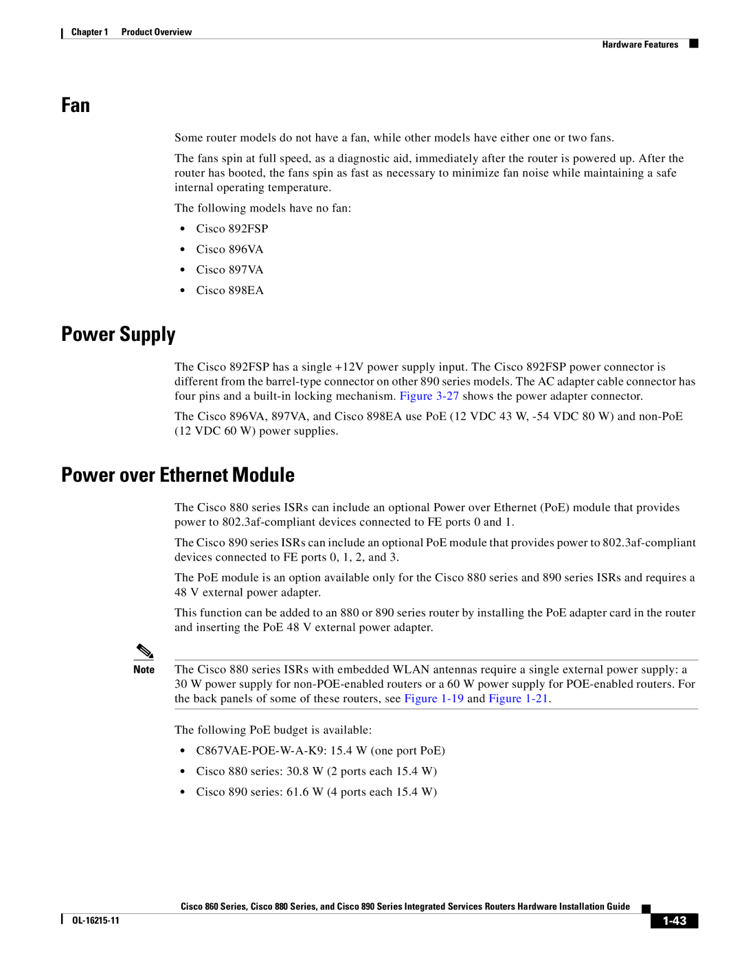 Cisco Systems C892FSPK9 manual Fan, Power Supply, Power over Ethernet Module 