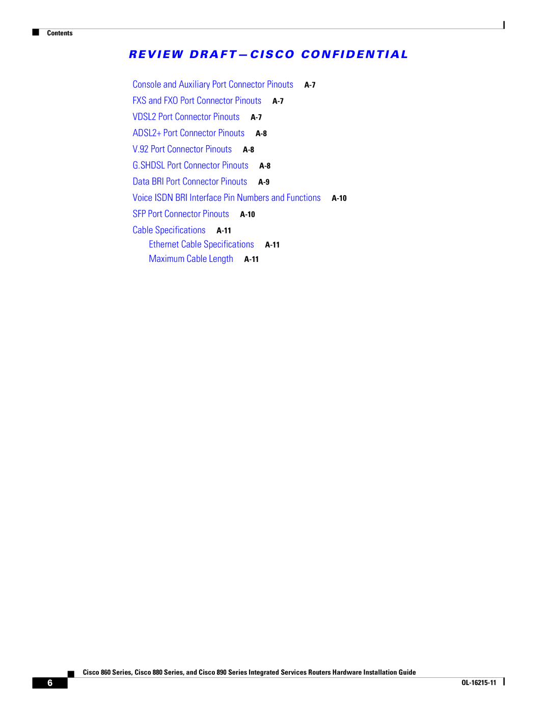 Cisco Systems C892FSPK9 manual Cable Specifications A-11 