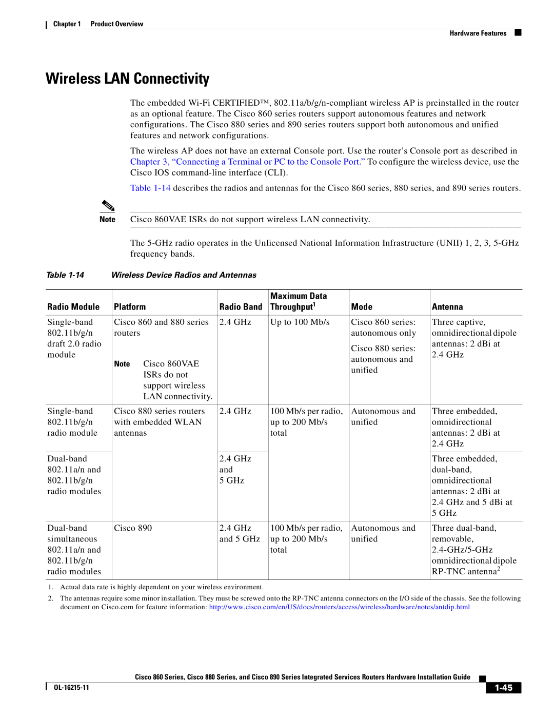 Cisco Systems C892FSPK9 manual Wireless LAN Connectivity, Maximum Data Radio Module Platform, Throughput1 Mode Antenna 