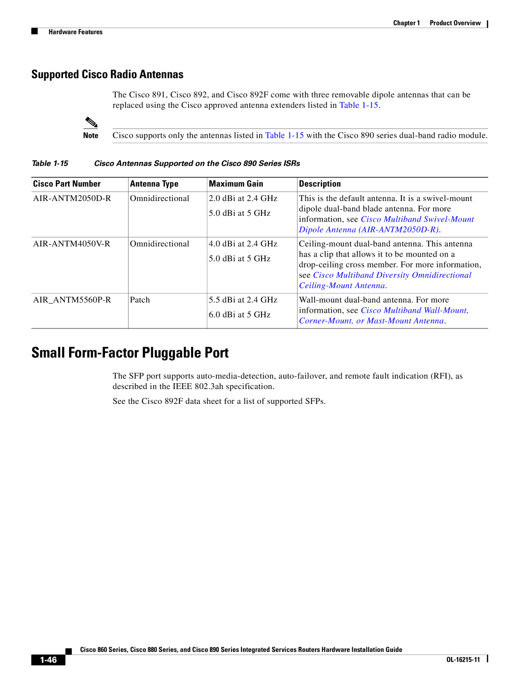 Cisco Systems C892FSPK9 manual Small Form-Factor Pluggable Port, Cisco Part Number Antenna Type Maximum Gain Description 