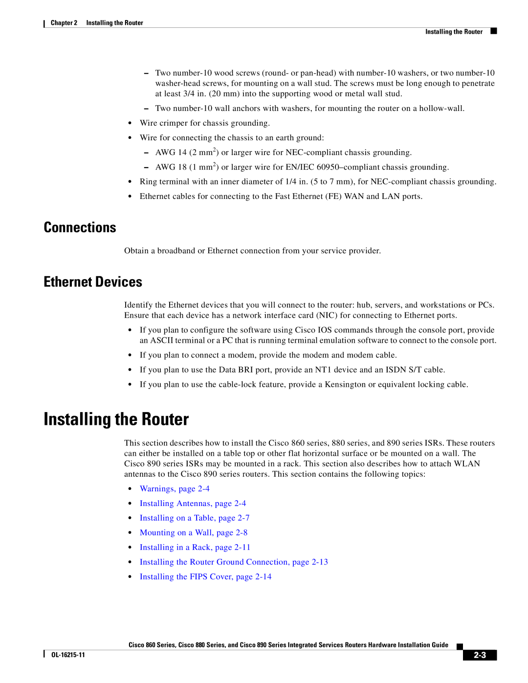 Cisco Systems C892FSPK9 manual Installing the Router, Connections, Ethernet Devices 