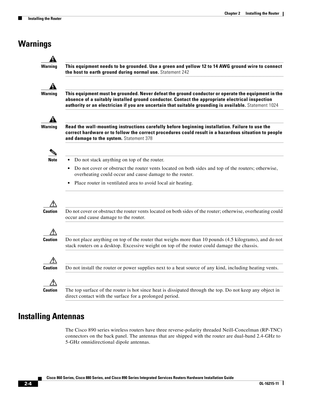 Cisco Systems C892FSPK9 manual Installing Antennas 