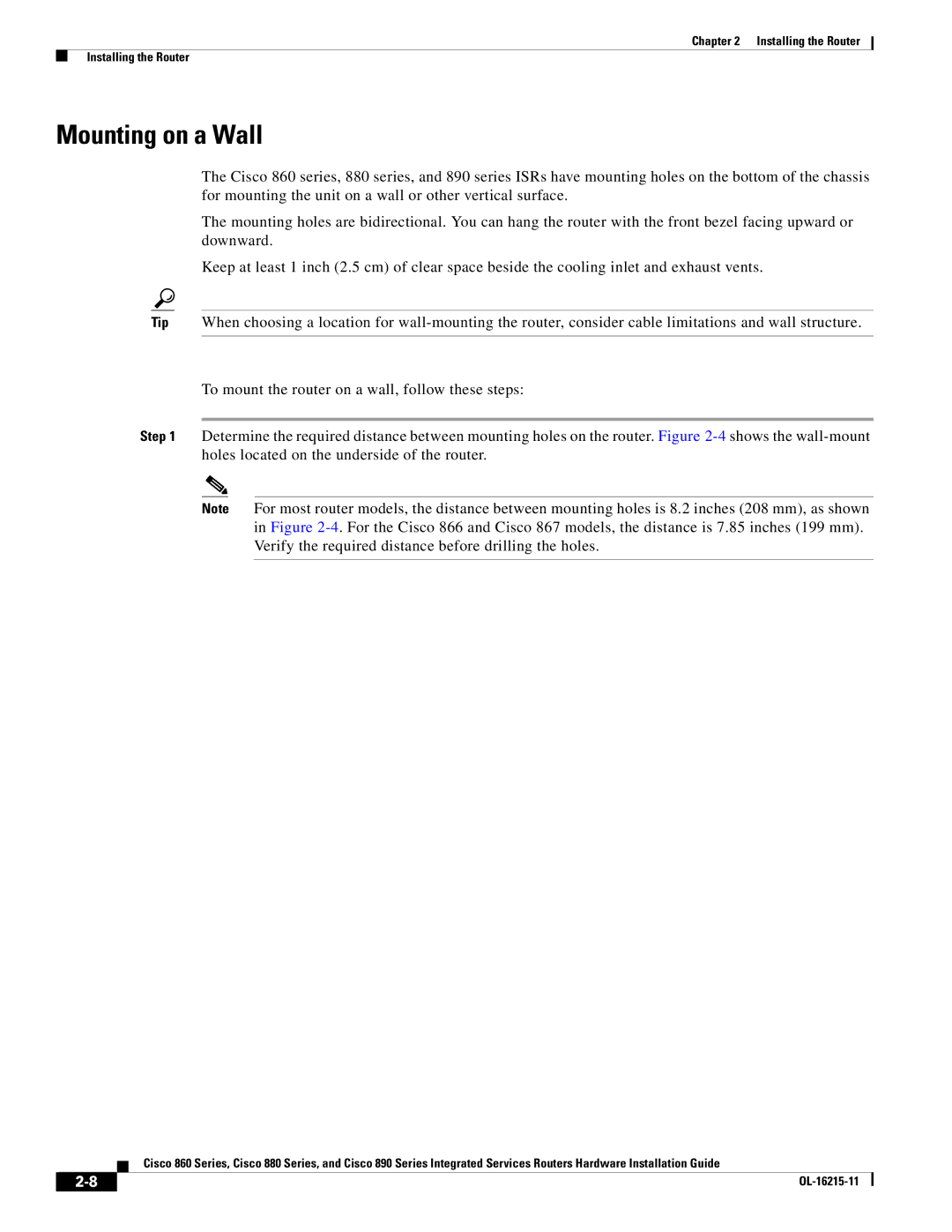 Cisco Systems C892FSPK9 manual Mounting on a Wall 