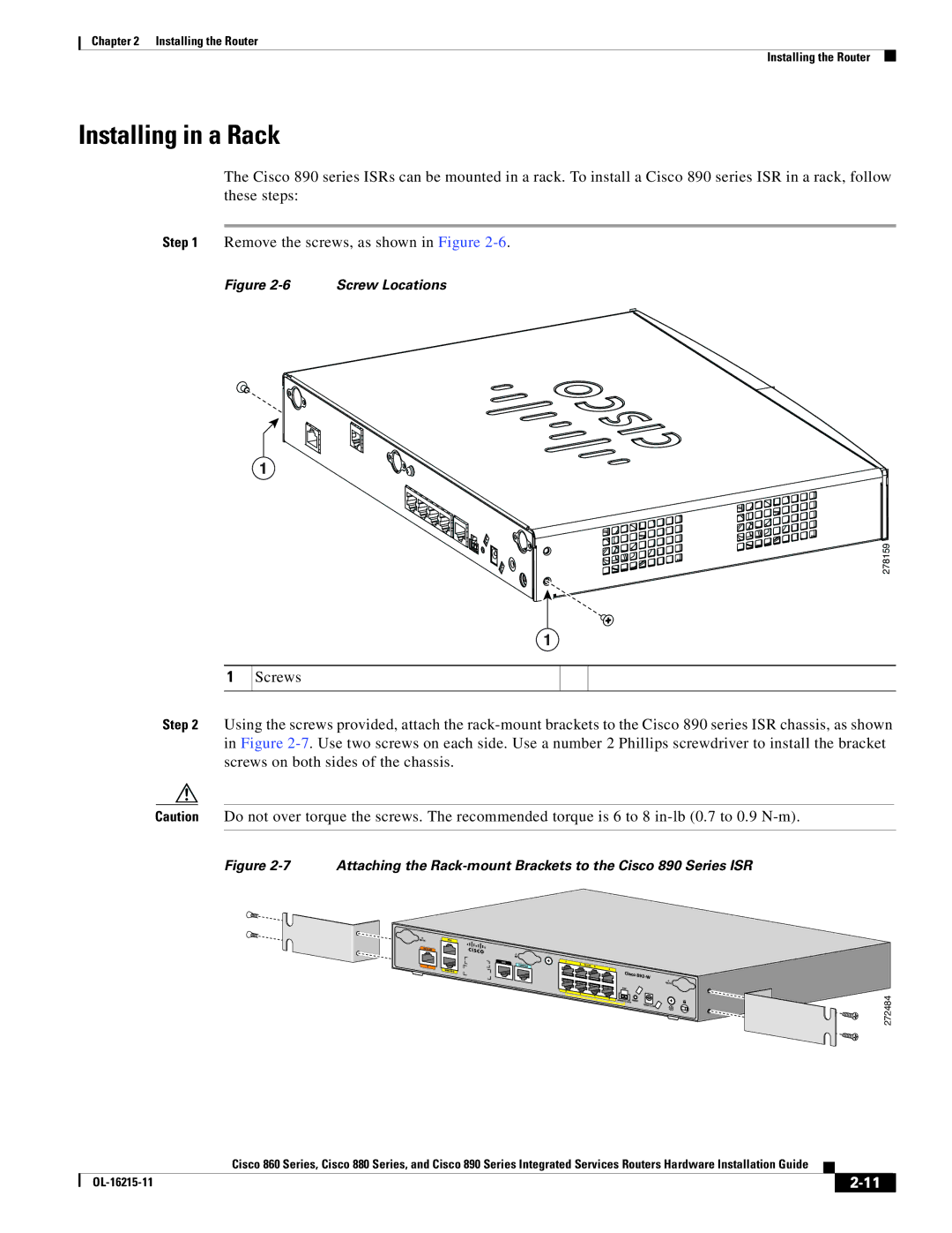 Cisco Systems C892FSPK9 manual Installing in a Rack 