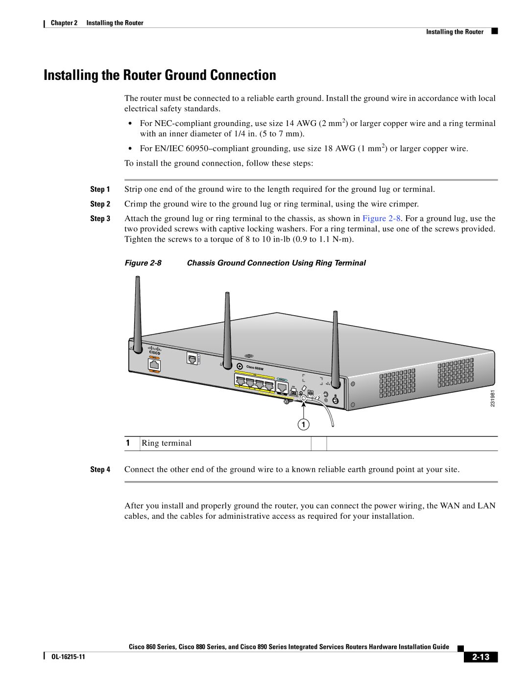 Cisco Systems C892FSPK9 manual Installing the Router Ground Connection, Chassis Ground Connection Using Ring Terminal 