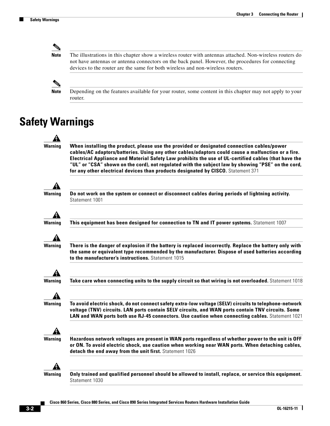 Cisco Systems C892FSPK9 manual Safety Warnings 