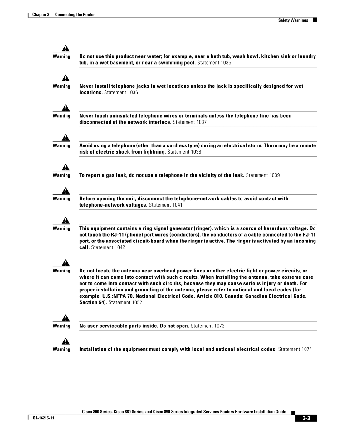 Cisco Systems C892FSPK9 manual Connecting the Router Safety Warnings 