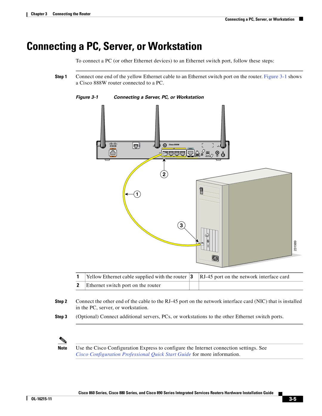 Cisco Systems C892FSPK9 manual Connecting a PC, Server, or Workstation, Connecting a Server, PC, or Workstation 