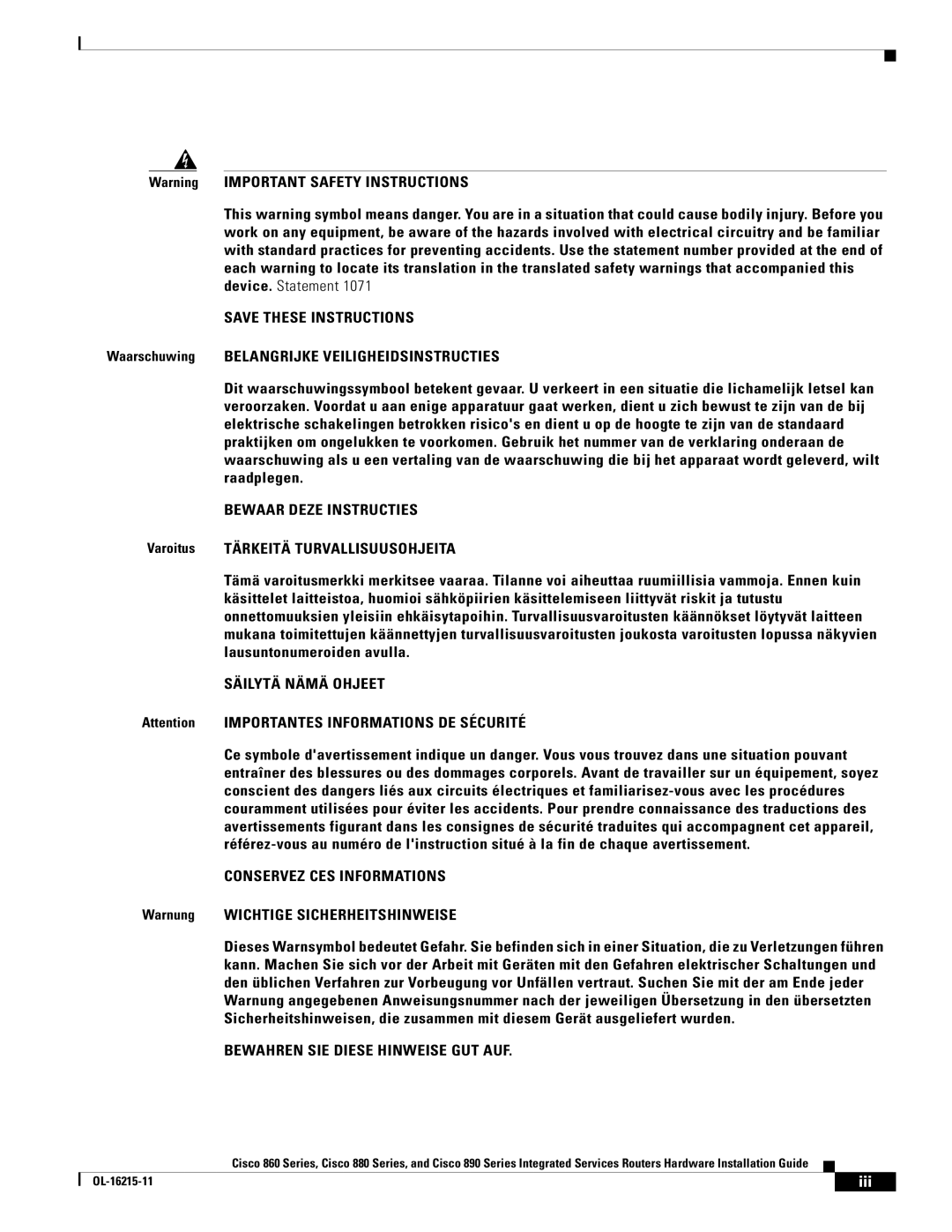 Cisco Systems C892FSPK9 manual Bewaar Deze Instructies, Warnung Wichtige Sicherheitshinweise 