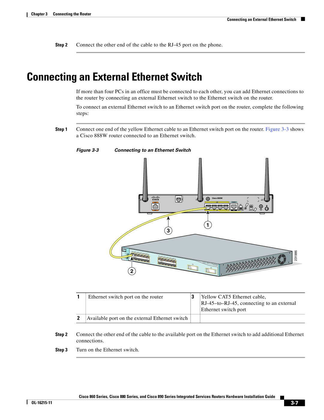 Cisco Systems C892FSPK9 manual Connecting an External Ethernet Switch, Connecting to an Ethernet Switch 