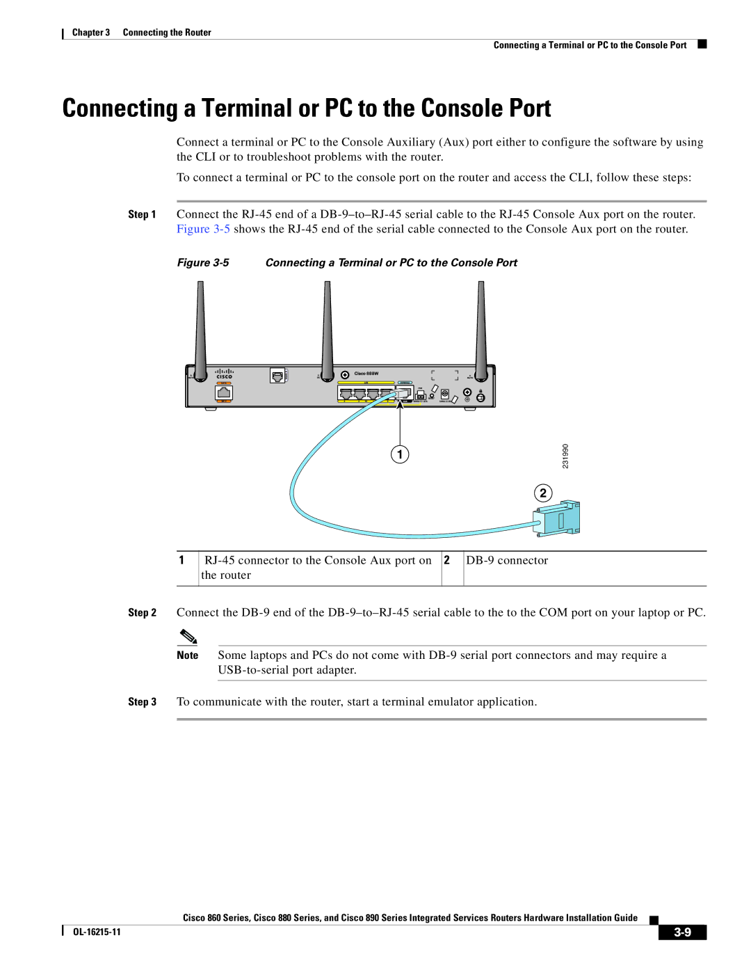 Cisco Systems C892FSPK9 manual Connecting a Terminal or PC to the Console Port 