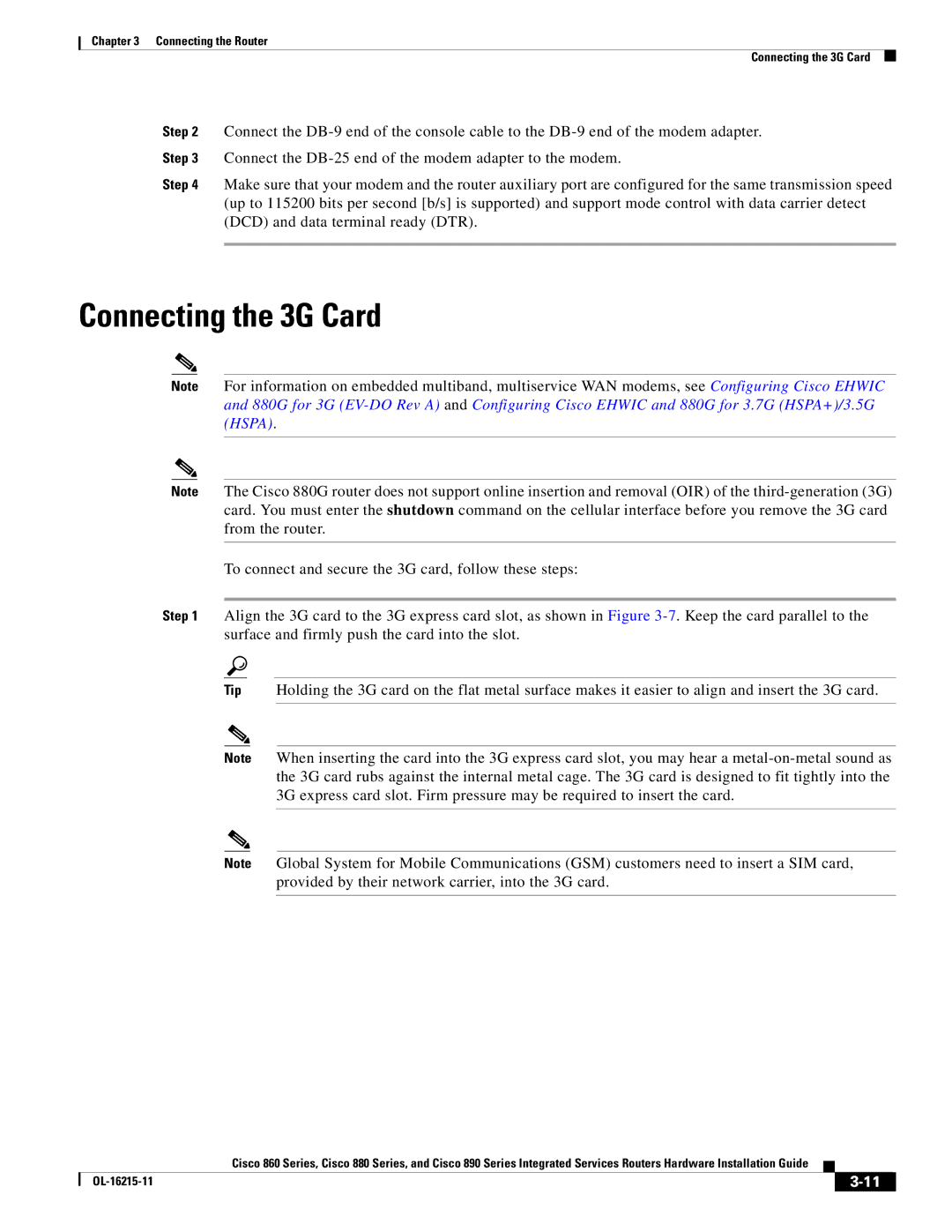 Cisco Systems C892FSPK9 manual Connecting the 3G Card 