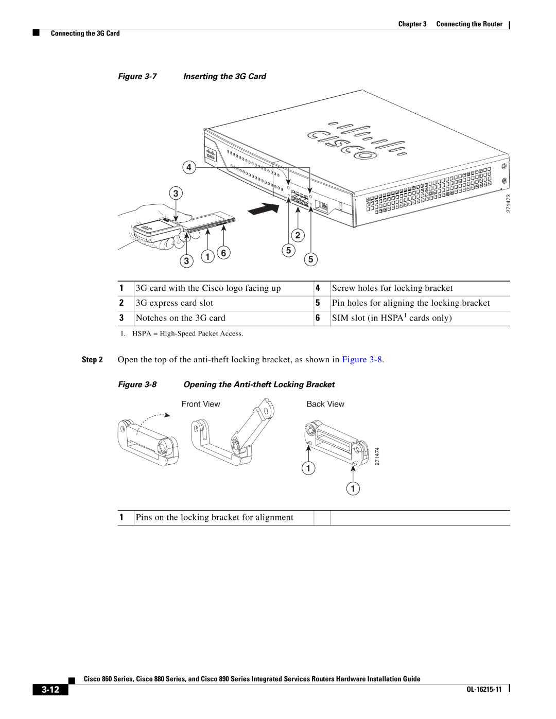 Cisco Systems C892FSPK9 manual Pins on the locking bracket for alignment, Inserting the 3G Card 