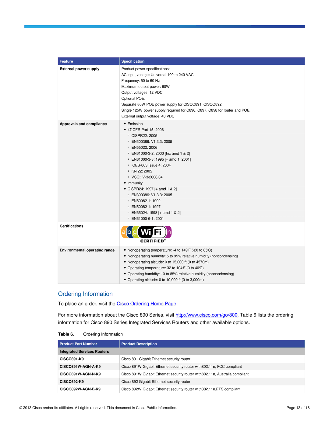 Cisco Systems C897VAK9 manual Ordering Information, Product Part Number Product Description, Integrated Services Routers 