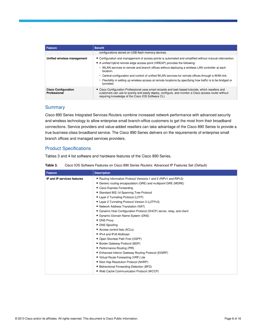 Cisco Systems C897VAWAK9, C897VAK9 manual Summary, Product Specifications, Feature Benefit, Feature Description 