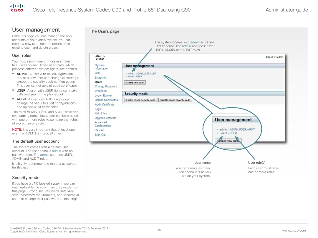 Cisco Systems C90 manual User management, User roles, Default user account, Security mode, Users 