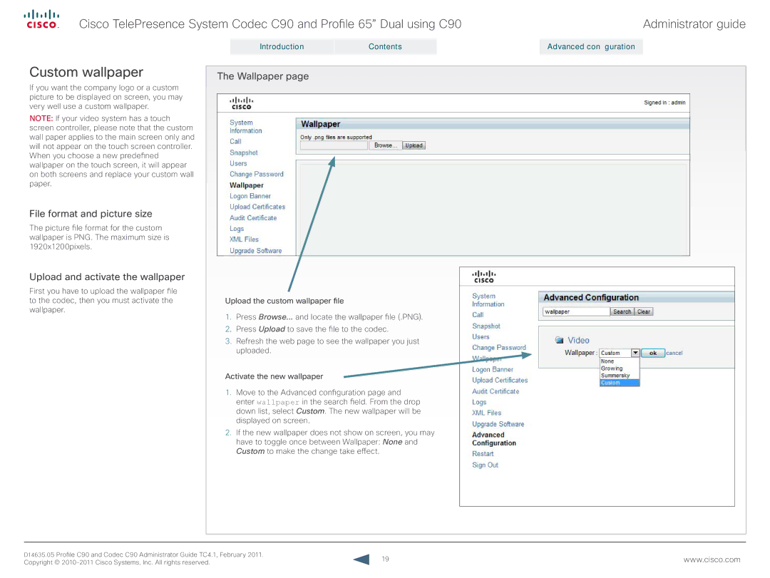 Cisco Systems C90 manual Custom wallpaper, File format and picture size, Upload and activate the wallpaper, Wallpaper 