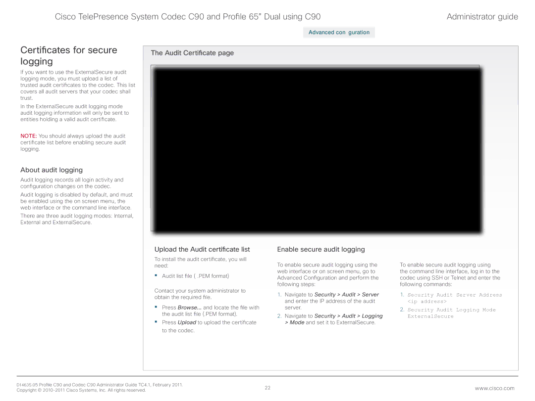 Cisco Systems C90 manual Certificates for secure logging, About audit logging, Enable secure audit logging 