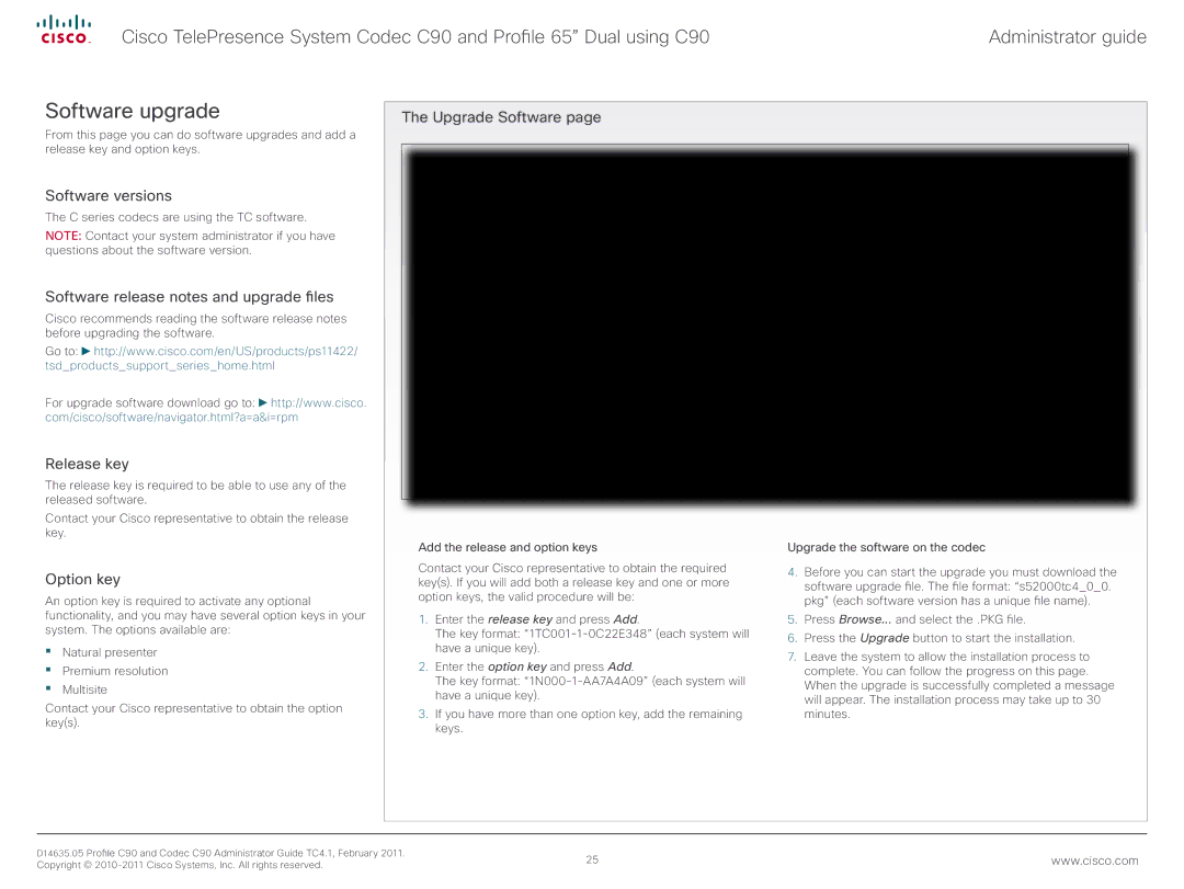 Cisco Systems C90 manual Software upgrade, Software versions, Software release notes and upgrade files, Release key 