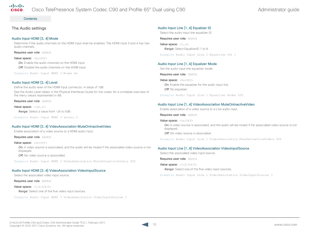 Cisco Systems C90 manual Audio settings 