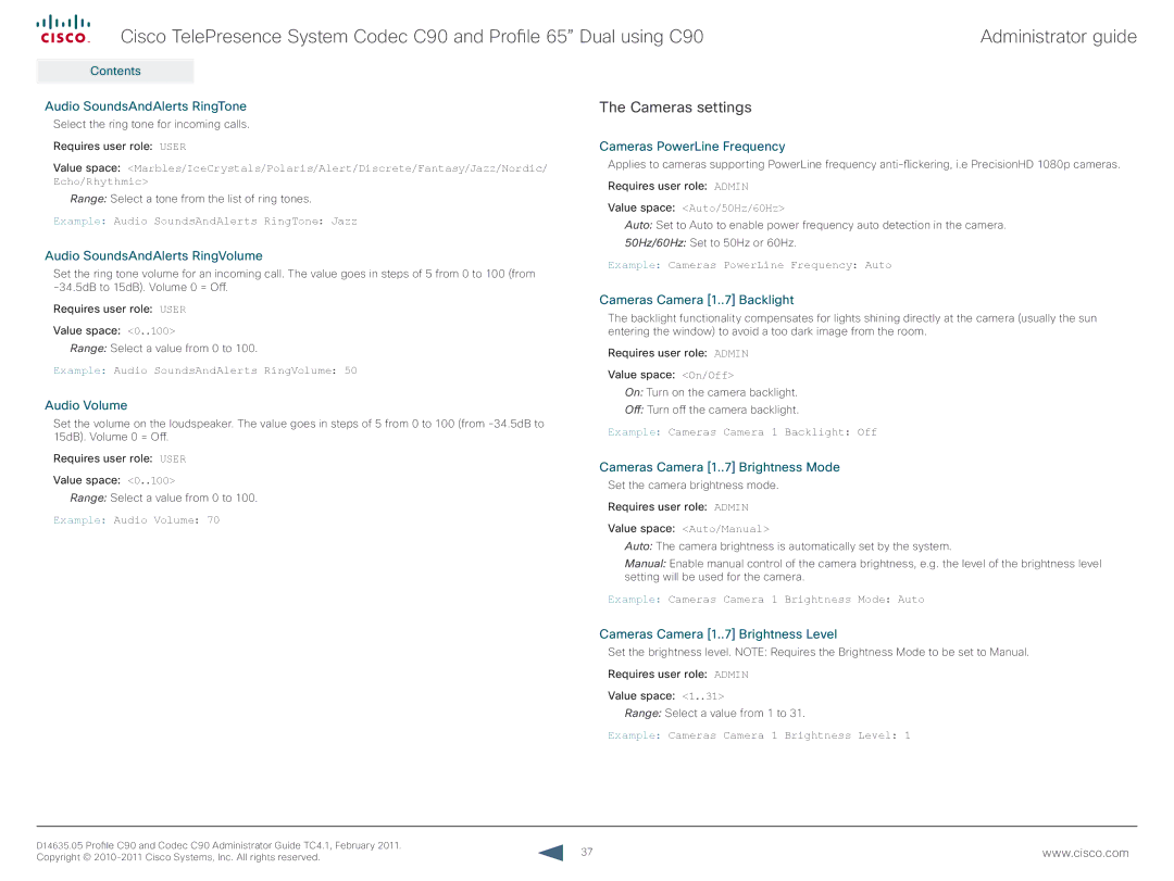 Cisco Systems C90 manual Cameras settings 