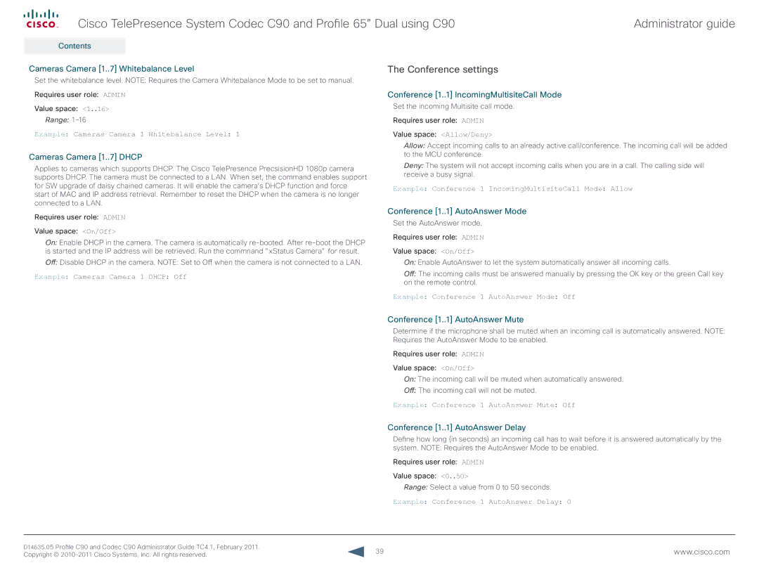 Cisco Systems C90 manual Conference settings 