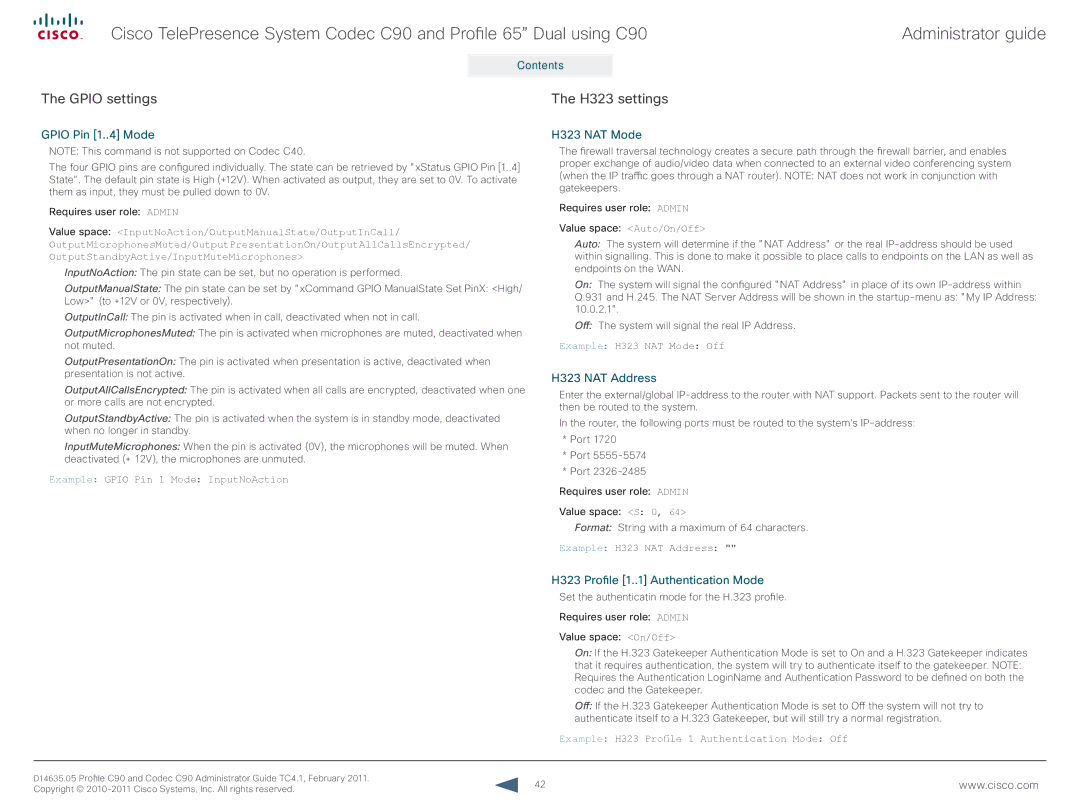 Cisco Systems C90 manual Gpio settings, H323 settings 