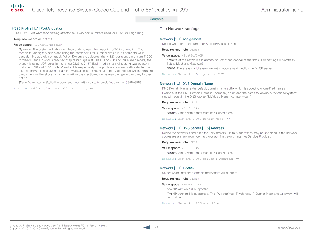 Cisco Systems C90 manual Network settings 