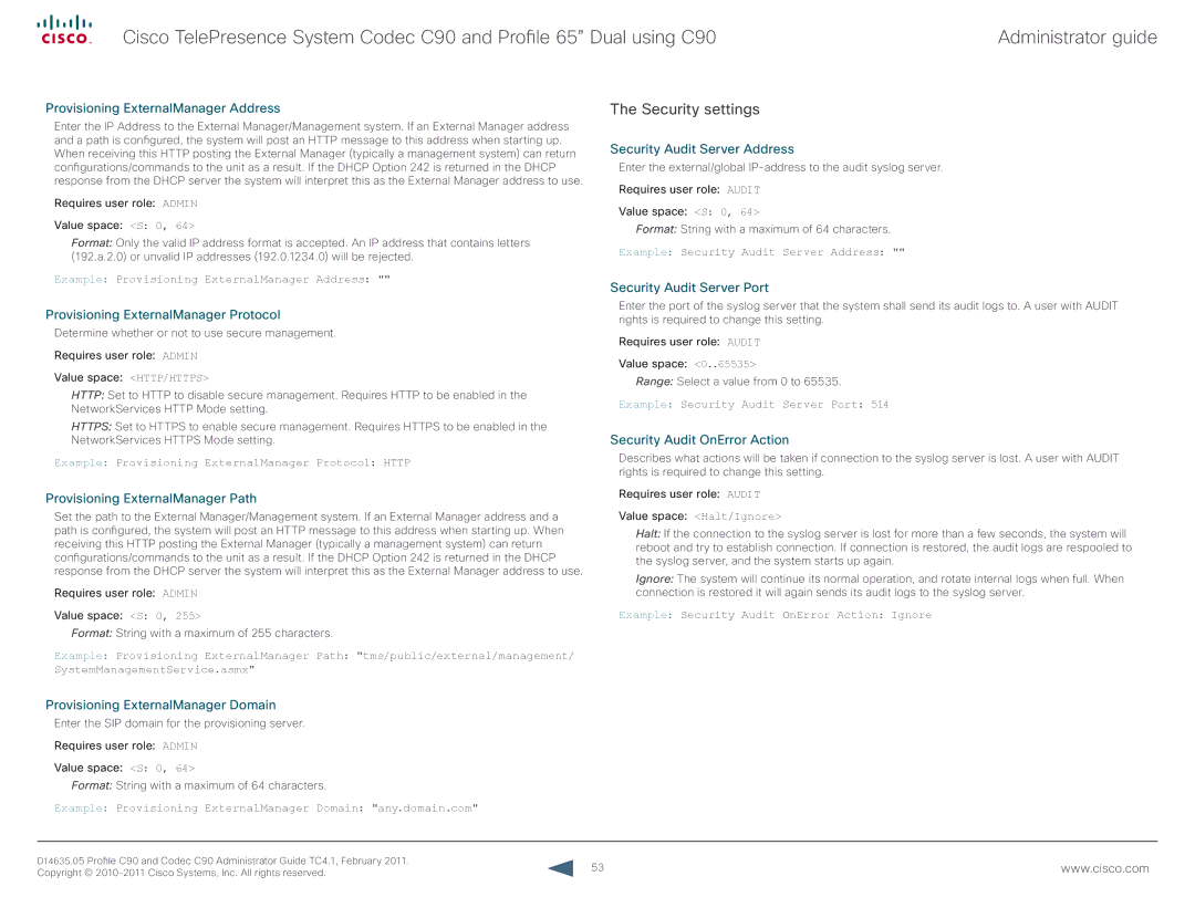 Cisco Systems C90 manual Security settings 