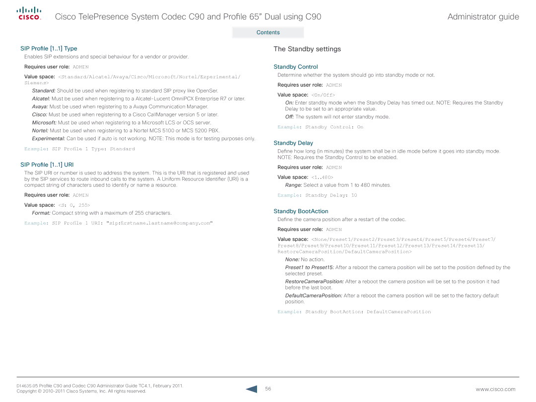 Cisco Systems C90 manual Standby settings 