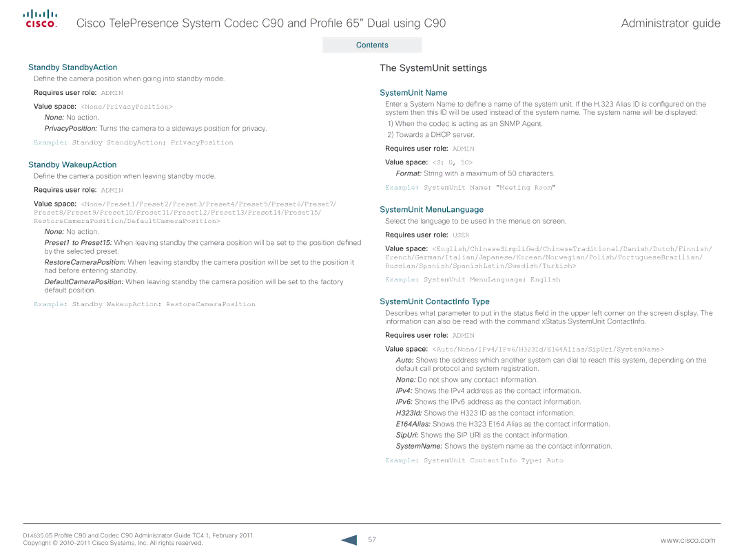 Cisco Systems C90 manual SystemUnit settings 