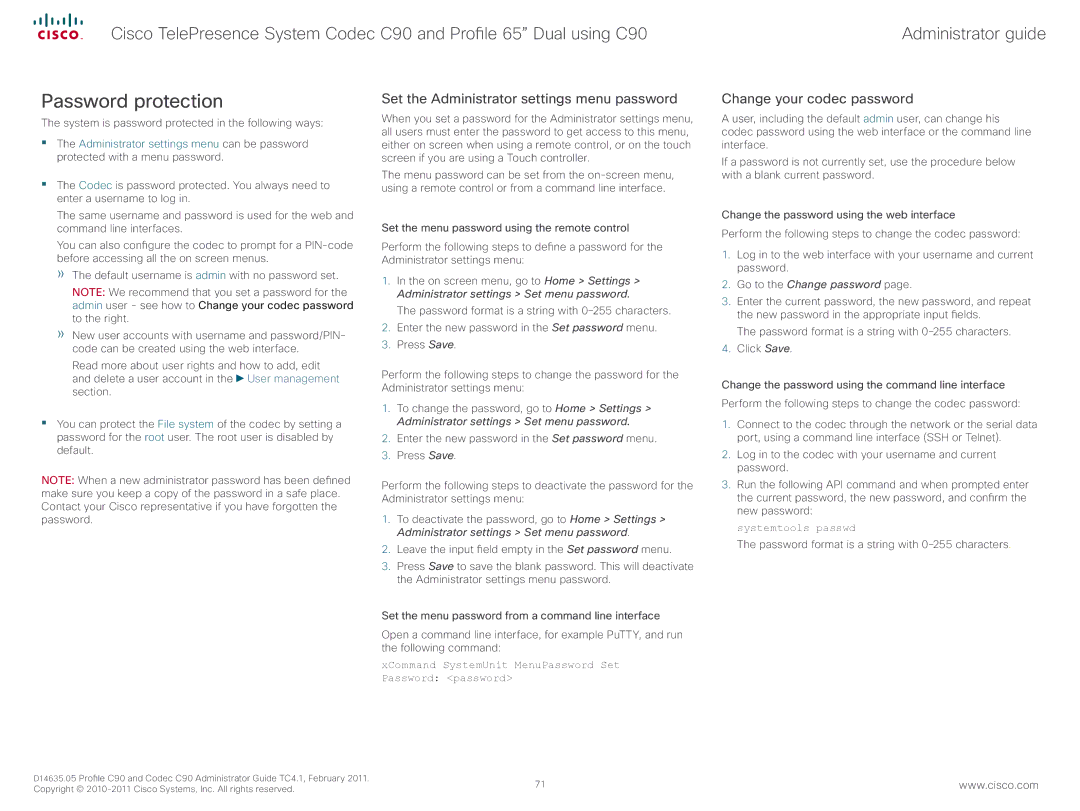 Cisco Systems C90 manual Password protection, Set the Administrator settings menu password, Change your codec password 