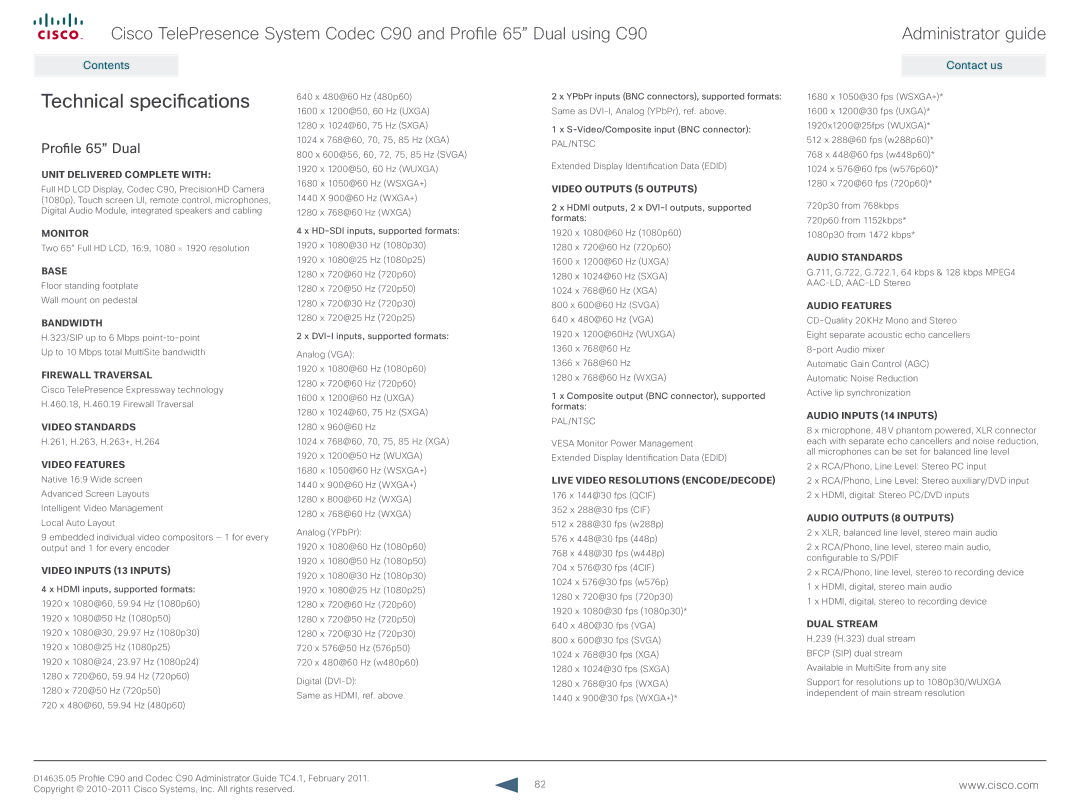 Cisco Systems C90 manual Technical specifications, Profile 65 Dual 