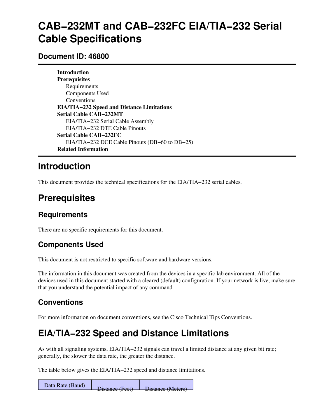 Cisco Systems CAB-232MT, CAB-232FC specifications Introduction, Prerequisites, EIA/TIA−232 Speed and Distance Limitations 