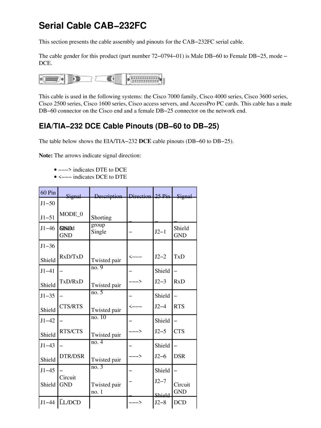 Cisco Systems CAB-232FC, CAB-232MT specifications Serial Cable CAB−232FC, EIA/TIA−232 DCE Cable Pinouts DB−60 to DB−25 