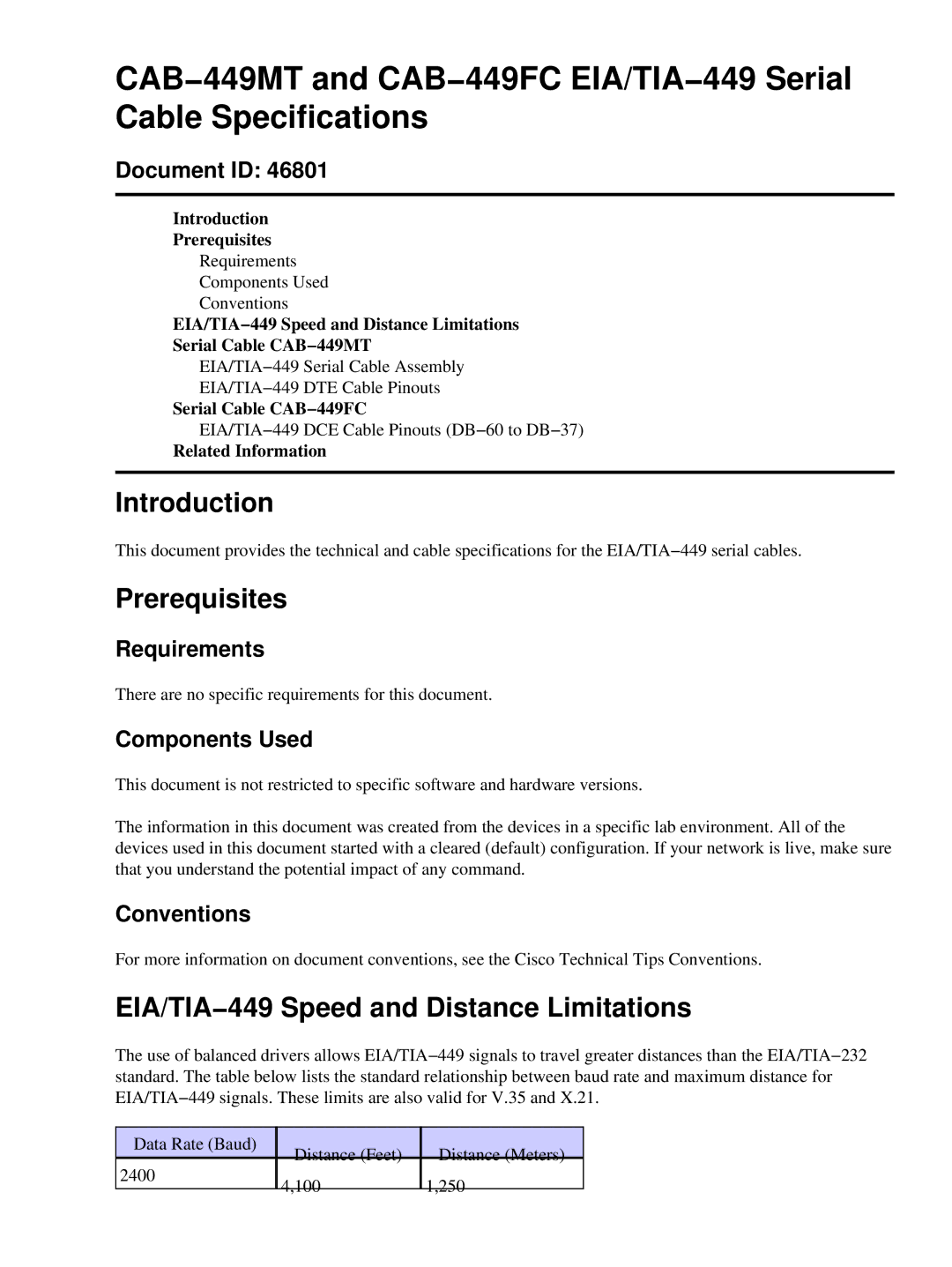 Cisco Systems CAB-449MT, CAB-449FC specifications Introduction, Prerequisites, EIA/TIA−449 Speed and Distance Limitations 