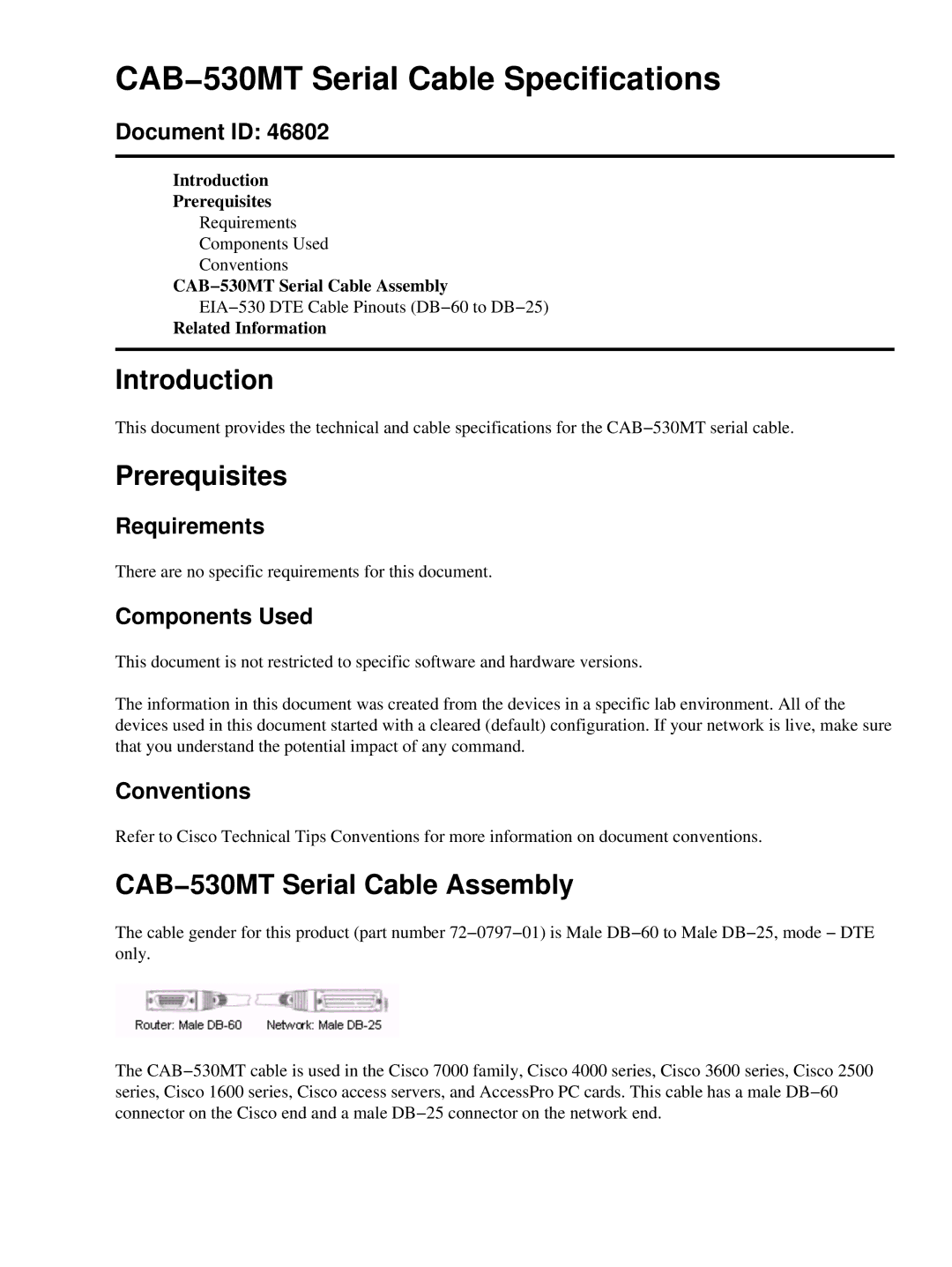 Cisco Systems CAB-530MT specifications Introduction, Prerequisites, CAB−530MT Serial Cable Assembly 