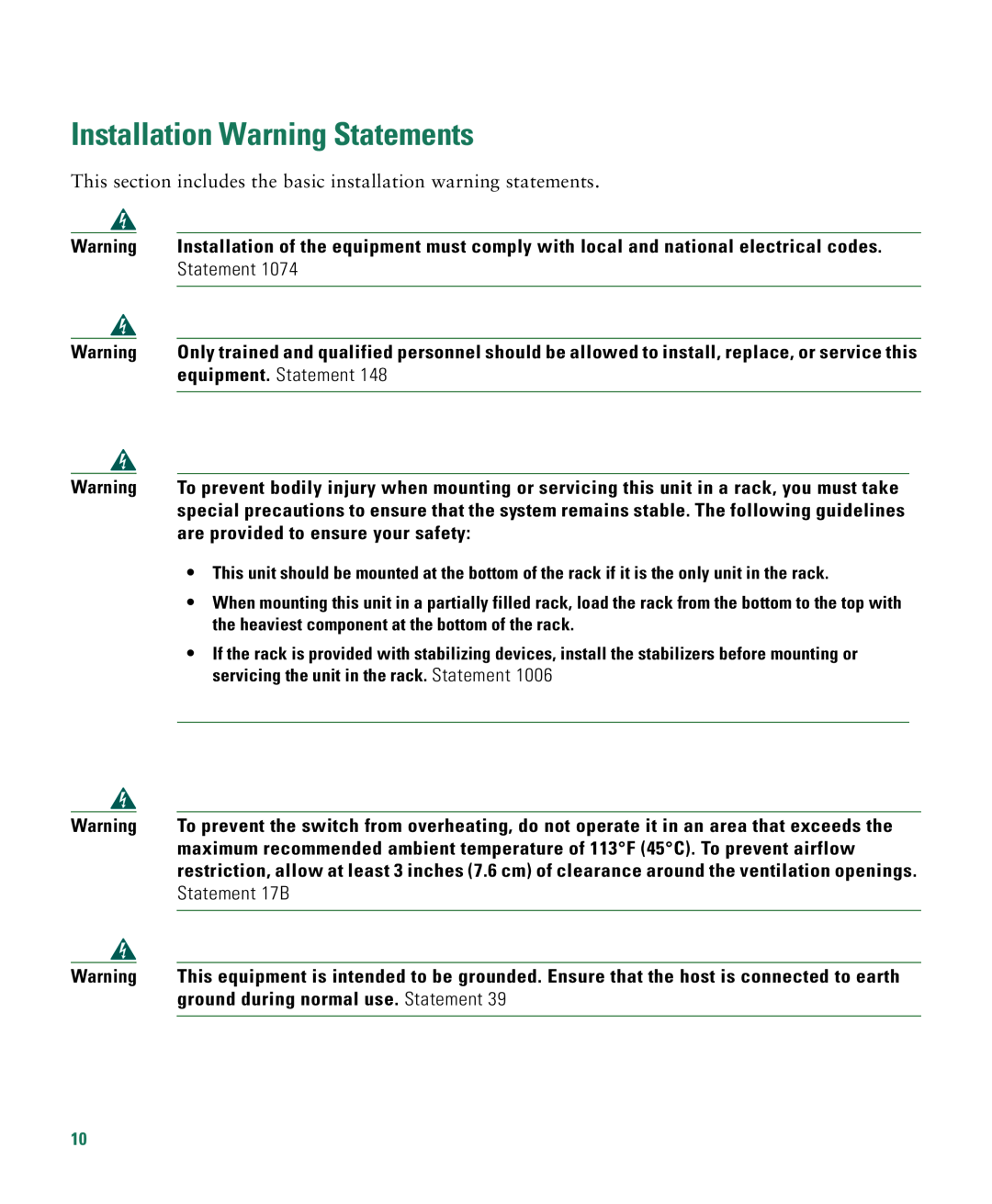Cisco Systems CATALYST 2950 manual Installation Warning Statements 