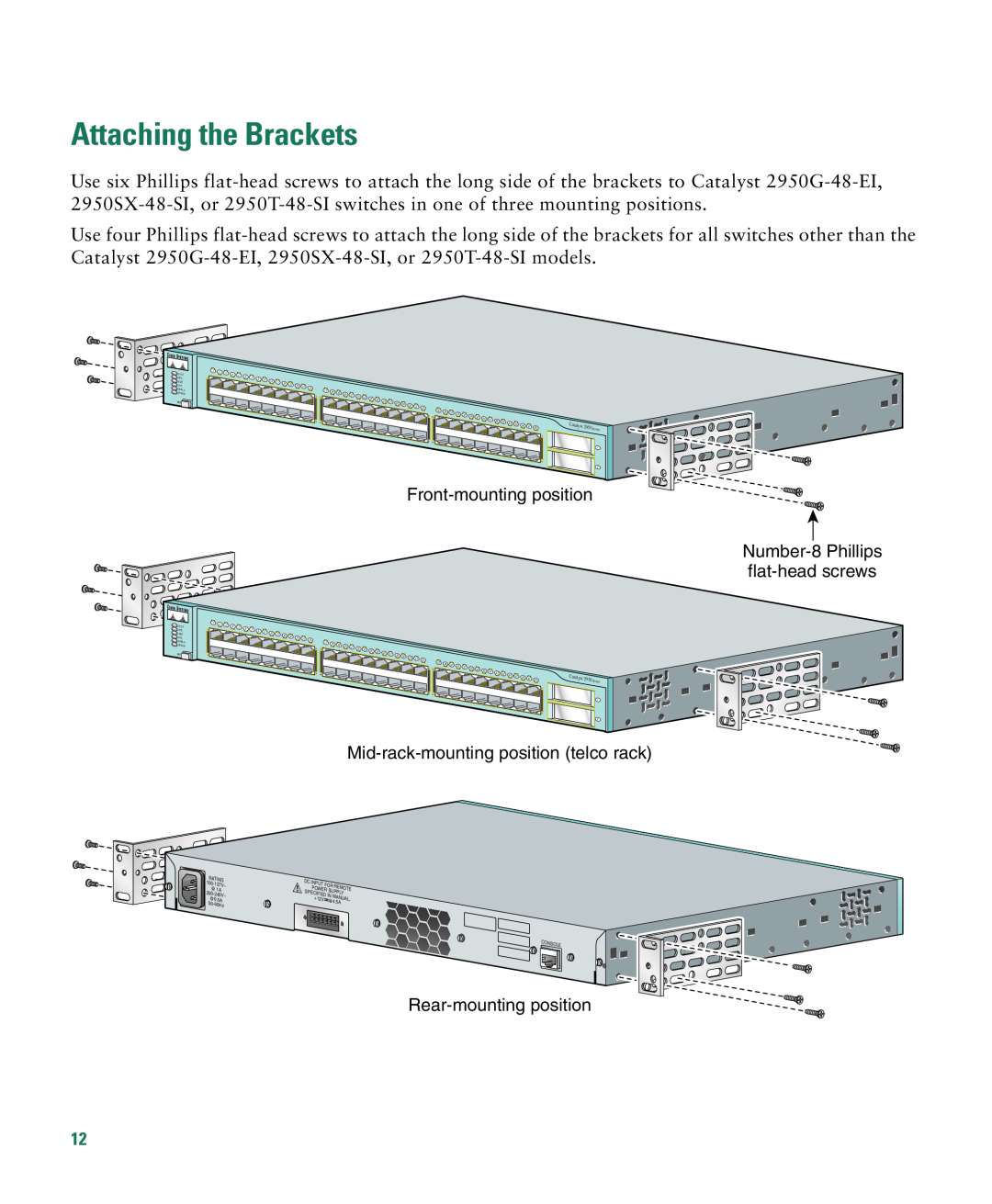 Cisco Systems CATALYST 2950 manual Attaching the Brackets, Front-mounting position, Mid-rack-mounting position telco rack 