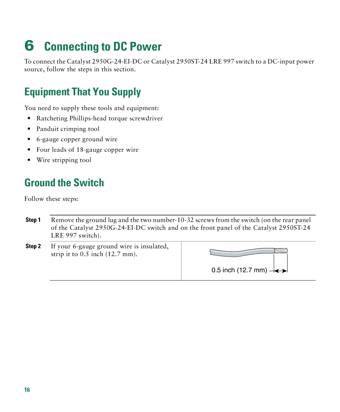 Cisco Systems CATALYST 2950 manual Connecting to DC Power, Ground the Switch, Equipment That You Supply, inch 12.7 mm 