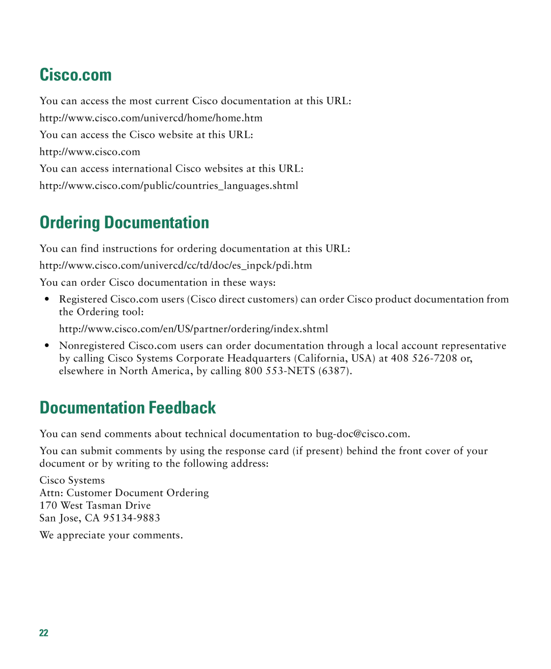 Cisco Systems CATALYST 2950 manual Cisco.com, Ordering Documentation, Documentation Feedback 