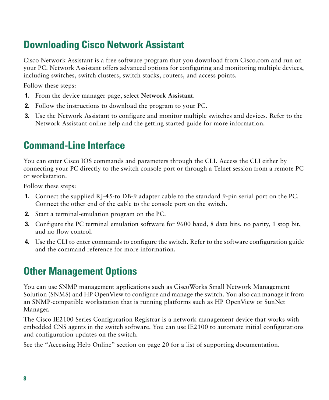 Cisco Systems CATALYST 2950 manual Downloading Cisco Network Assistant, Command-Line Interface, Other Management Options 