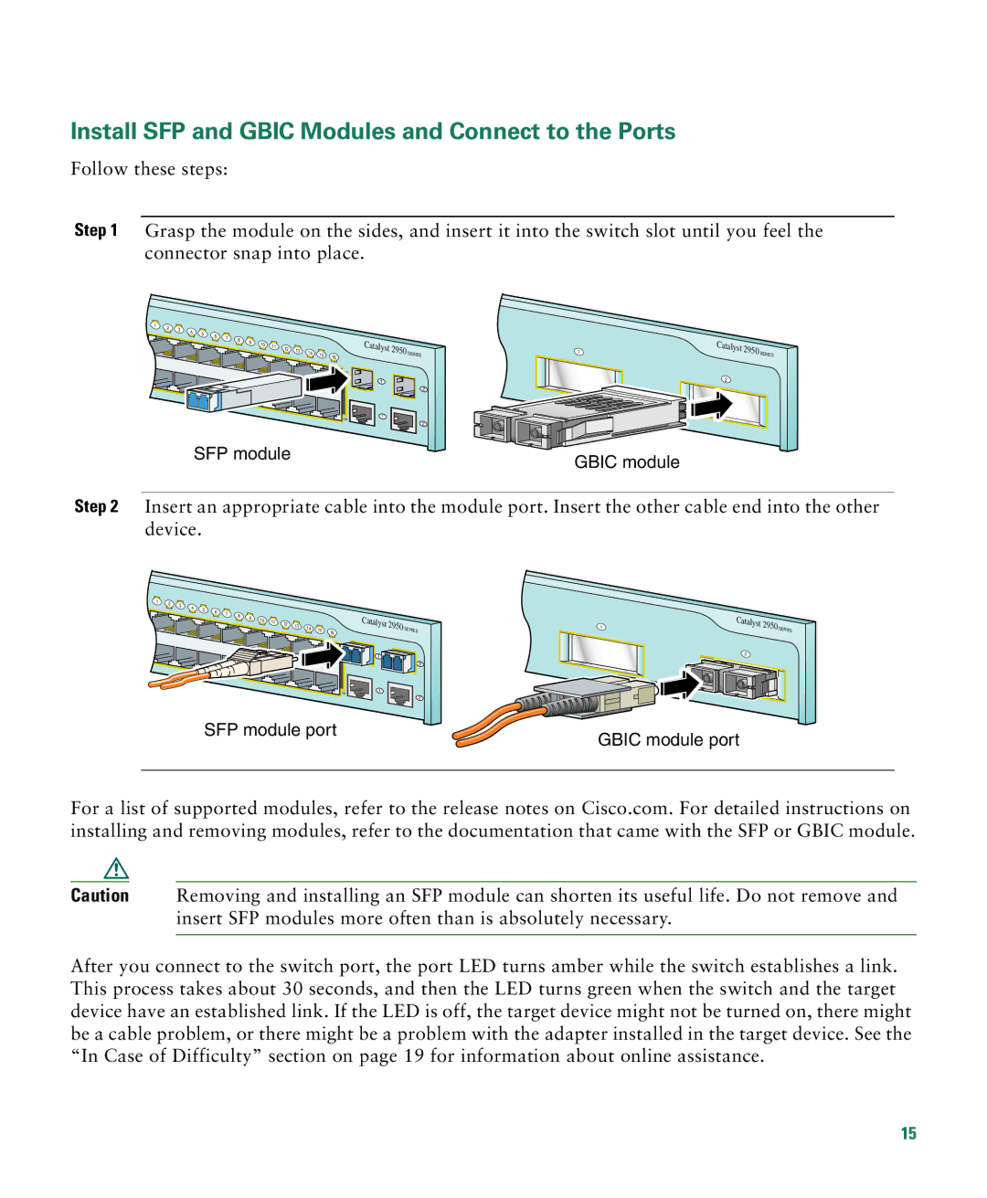 Cisco Systems CATALYST 2950 manual Install SFP and Gbic Modules and Connect to the Ports 