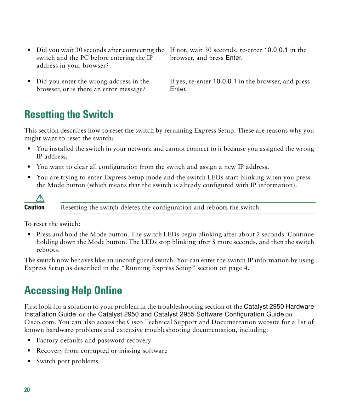 Cisco Systems CATALYST 2950 manual Resetting the Switch, Accessing Help Online 