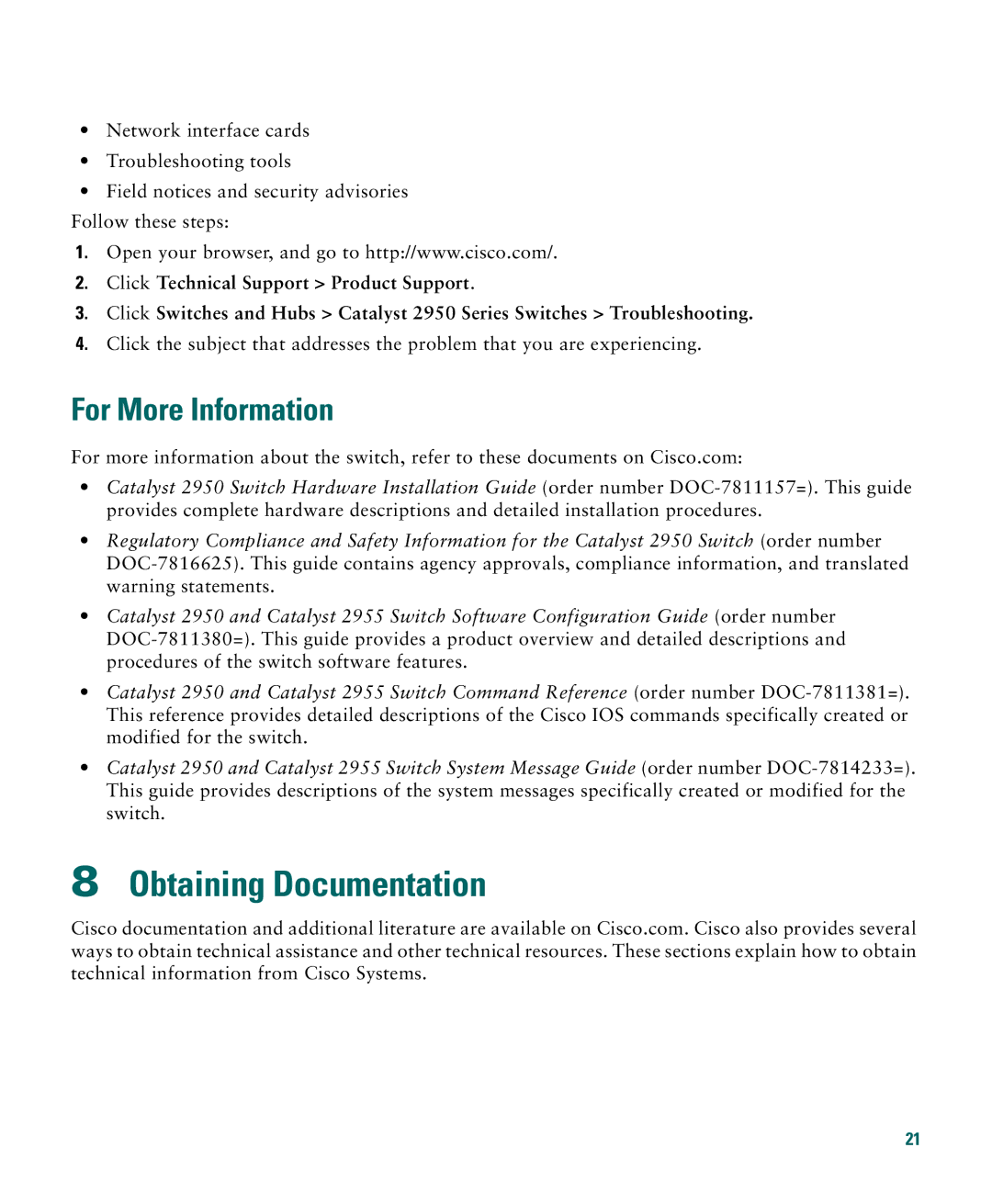 Cisco Systems CATALYST 2950 manual Obtaining Documentation, For More Information 