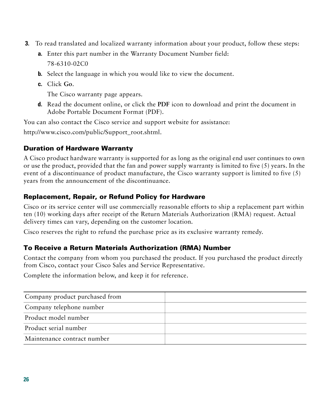 Cisco Systems CATALYST 2950 manual Duration of Hardware Warranty 